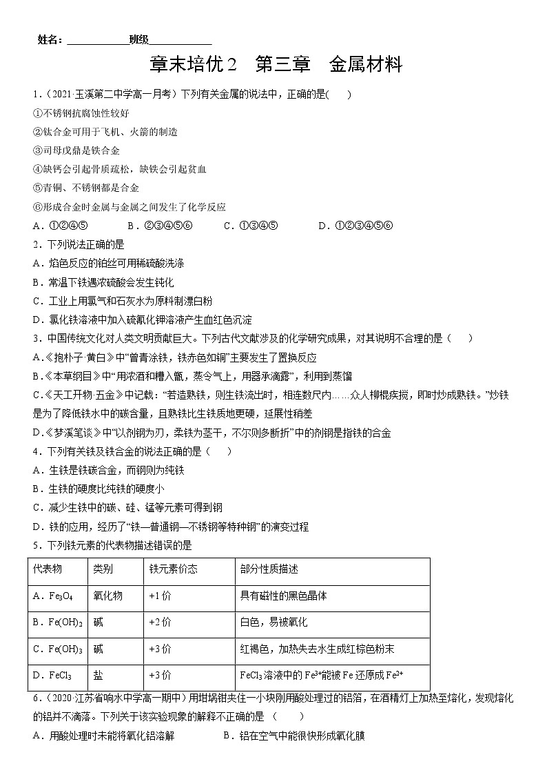 章末培优 第3章 铁 金属材料-2022-2023学年高一化学课后培优练(人教版2019必修第一册)(原卷版)第1页