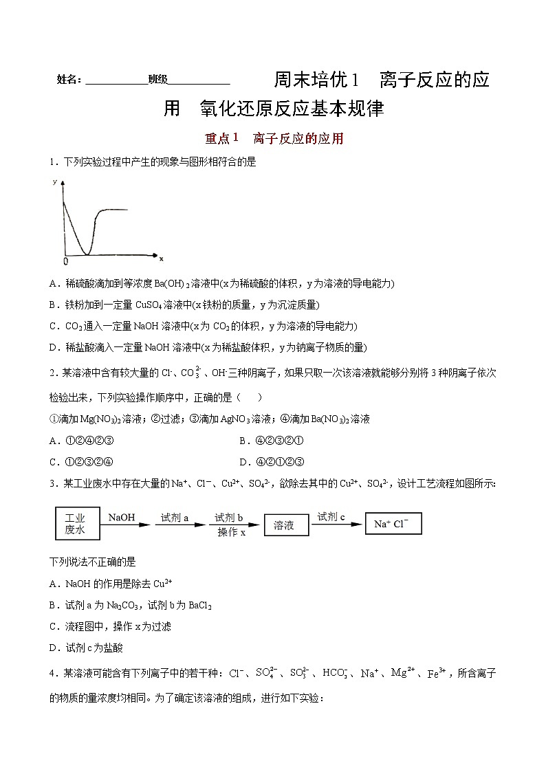 周末培优1 离子反应的应用 氧化还原反应基本规律-2022-2023学年高一化学课后培优练(人教版2019必修第一册)(原卷版)第1页