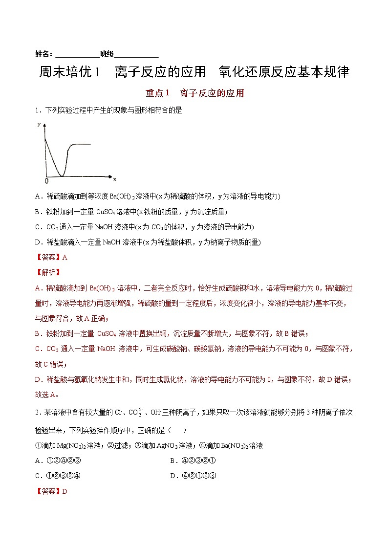 周末培优1 离子反应的应用 氧化还原反应基本规律-2022-2023学年高一化学课后培优练(人教版2019必修第一册)(解析版)第1页