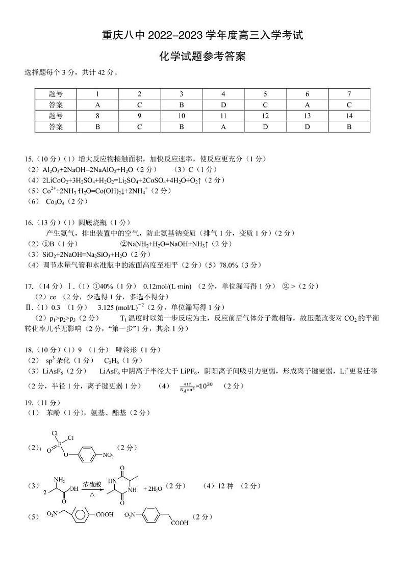高2023级高三上入学考试化学参考答案第1页