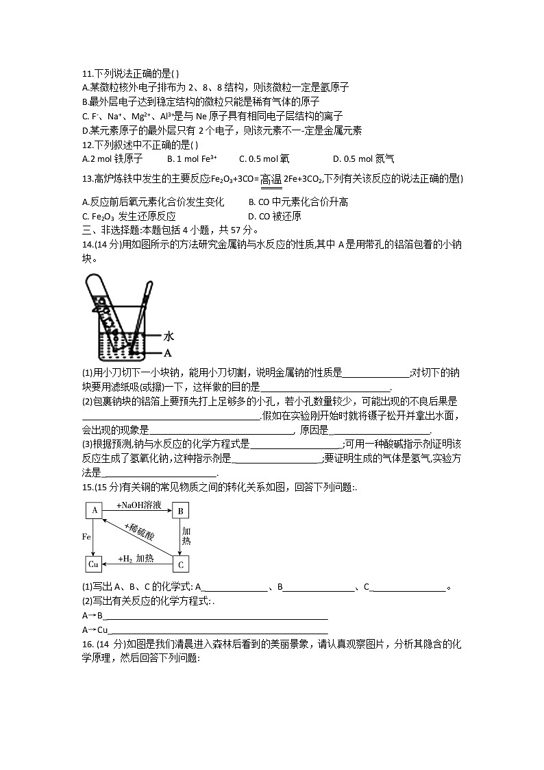 2023石家庄元氏县四中高一上学期入学摸底考试化学试题含答案(A)第2页