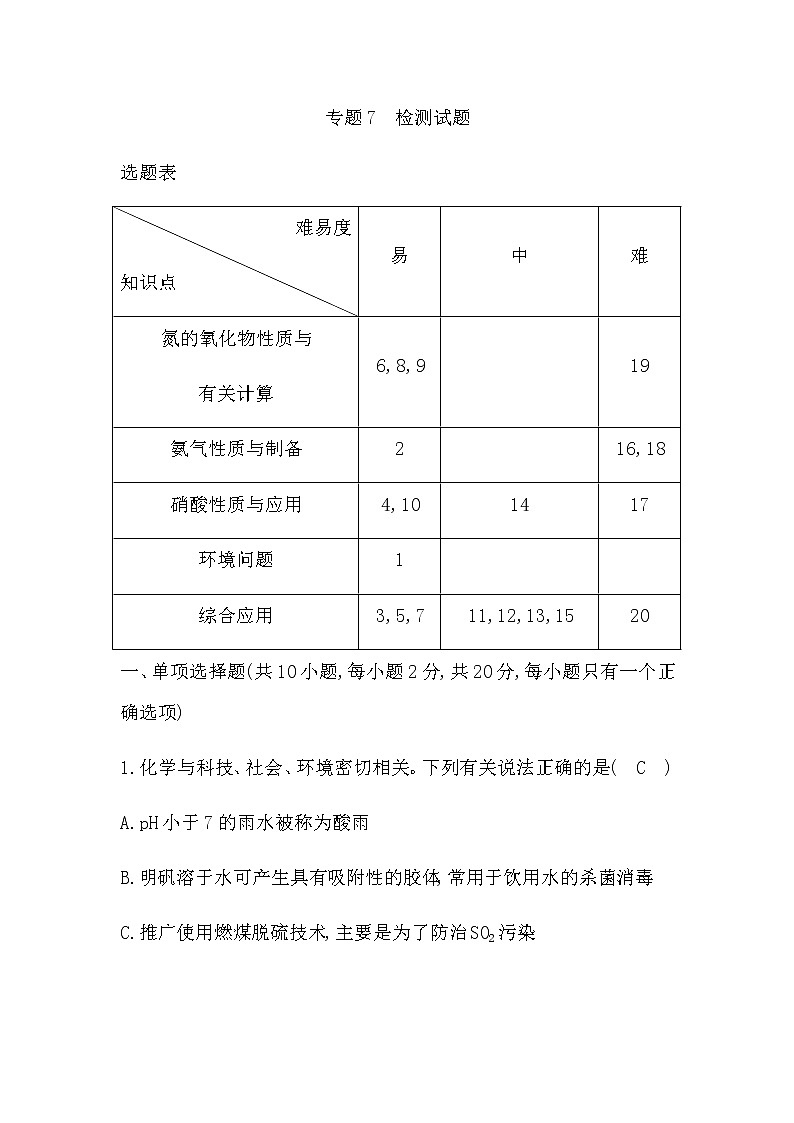 苏教版高中化学必修第二册专题7氮与社会可持续发展检测试题含答案第1页