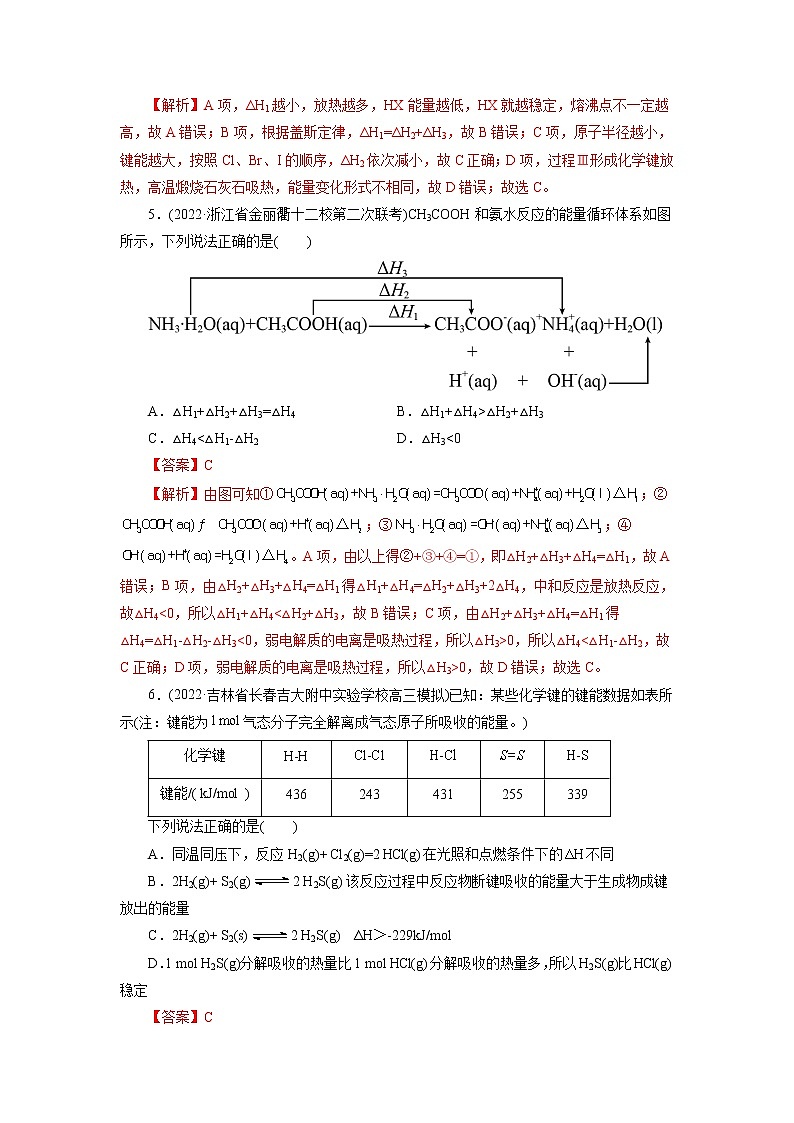 2023年高考化学一轮复习 考点17 化学反应的热效应 模拟测试 (原卷版)2023年高考化学一轮复习第3页