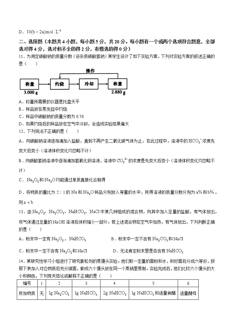 2023烟台二中高一上学期10月月考化学试题含答案03