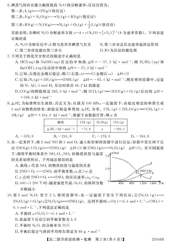豫北名校高二年级9月教学质量检测化学试题第2页