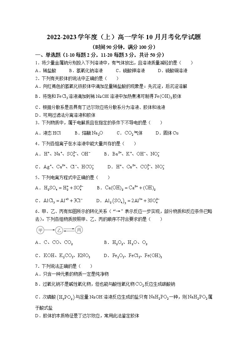 黑龙江省双鸭山市第一中学2022-2023学年高一化学10月月考试题（Word版附答案）01