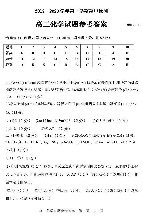 2020济宁兖州区高二上学期期中检测化学试题PDF版含答案01