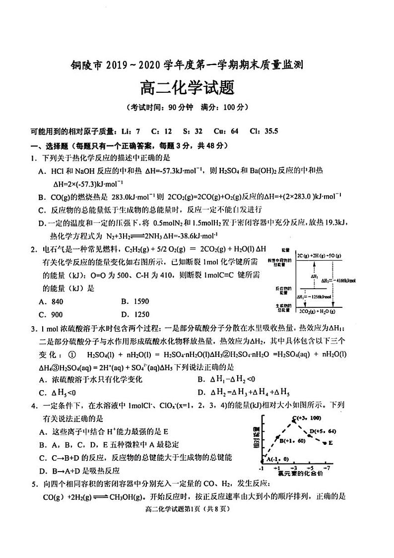 2020铜陵高二上学期期末质量监测化学试题PDF版含答案第1页