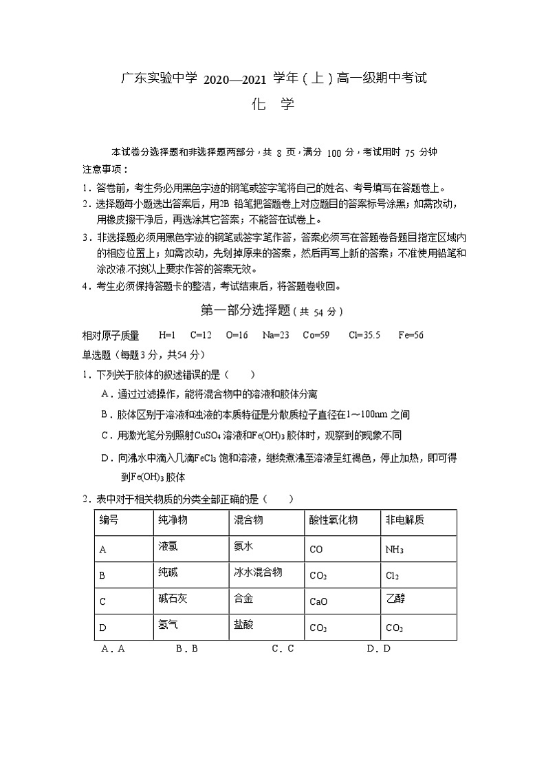 2021广东实验中学高一上学期期中考试化学试题含答案01