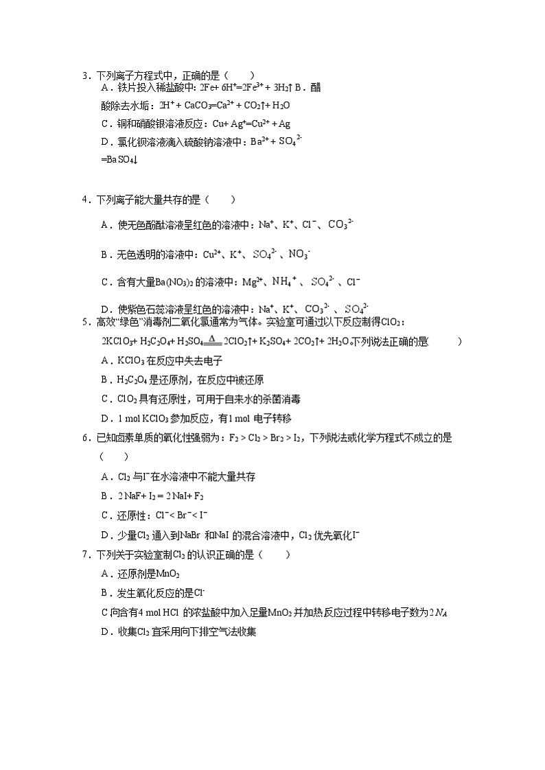 2021广东实验中学高一上学期期中考试化学试题含答案02