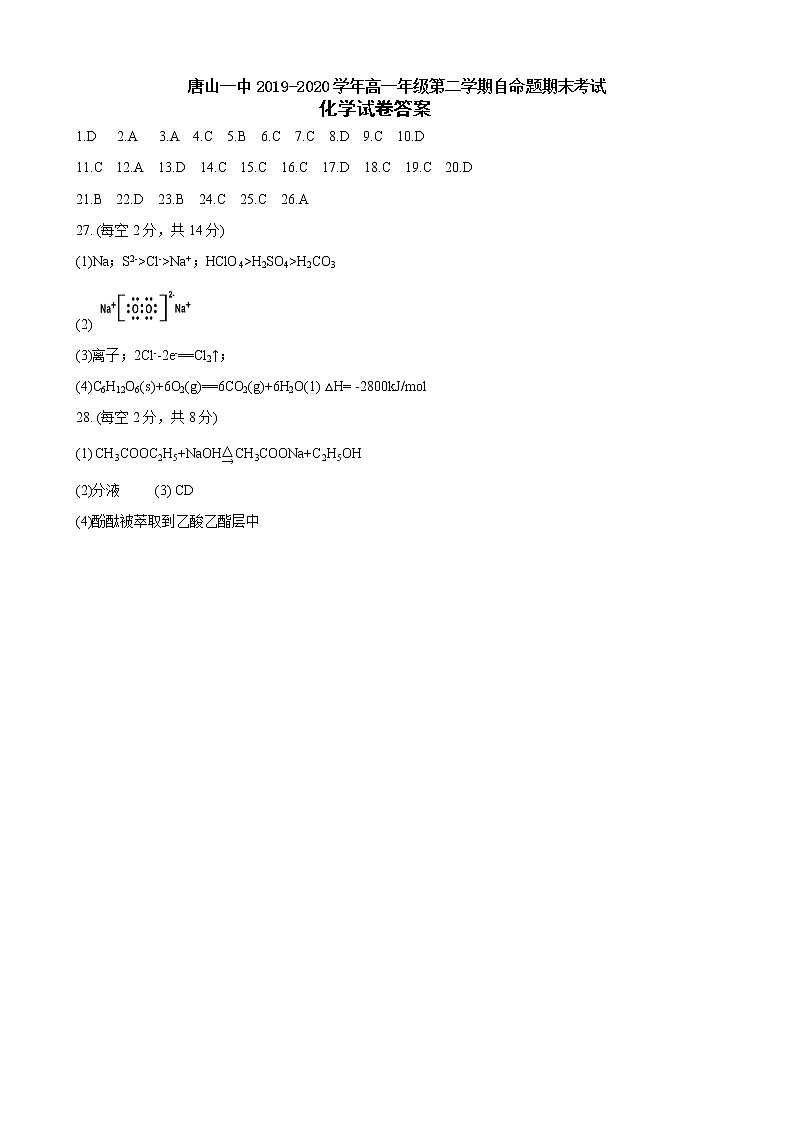 河北省唐山市第一中学2019-2020学年高一下学期期末考试化学答案第1页