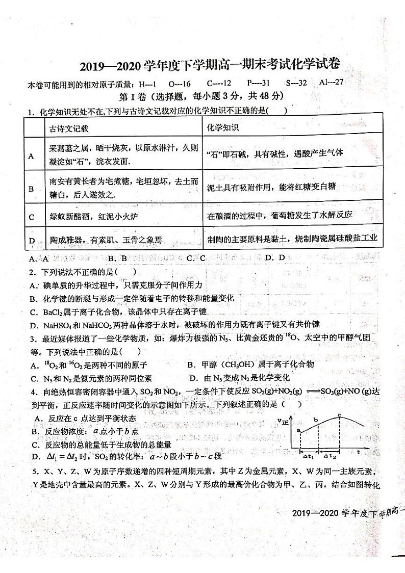 2020宜春上高县二中高一下学期期末考试化学试题(图片版)扫描版含答案01