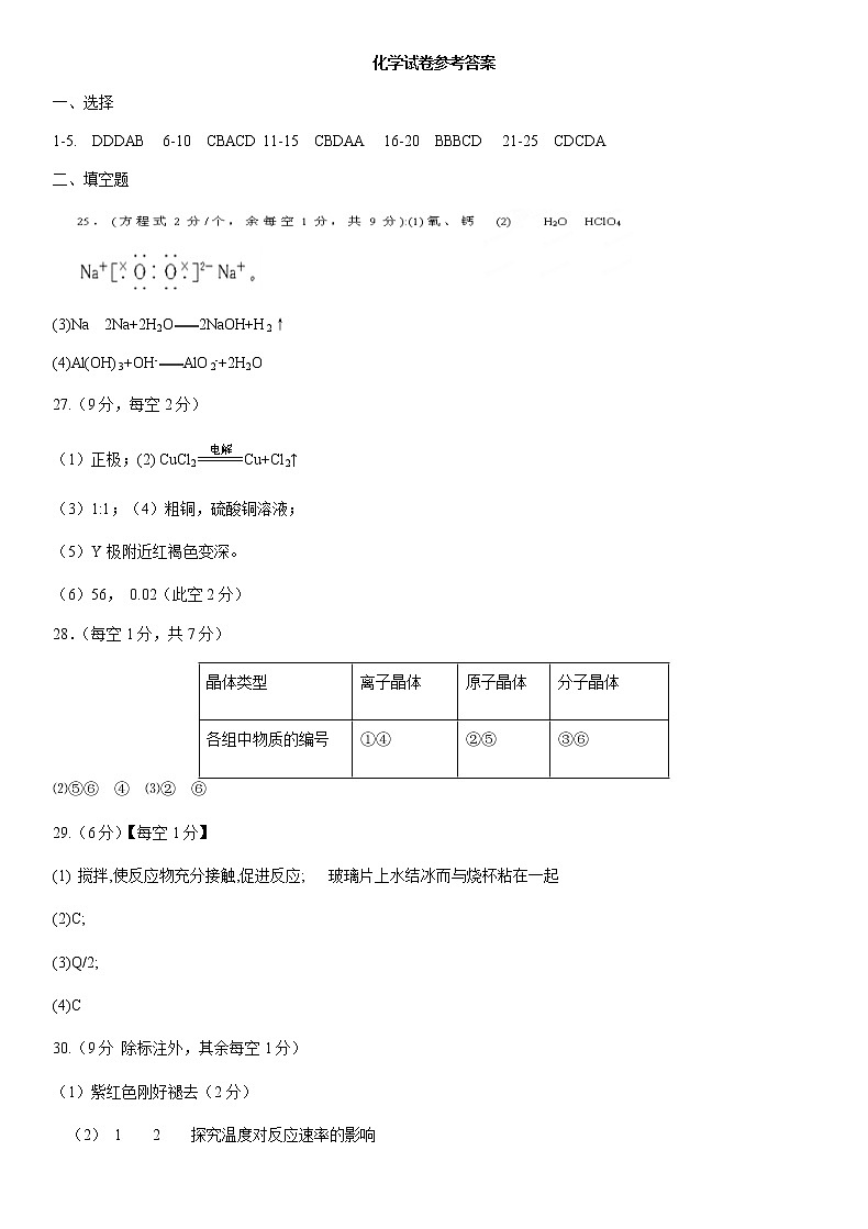 2020唐山海港高级中学高一下学期期中考试化学试题含答案01