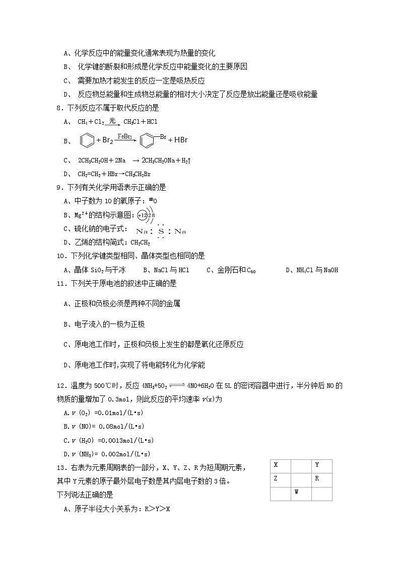 2020苍南县金乡卫城中学高一下学期第一次月考化学试题含答案第2页