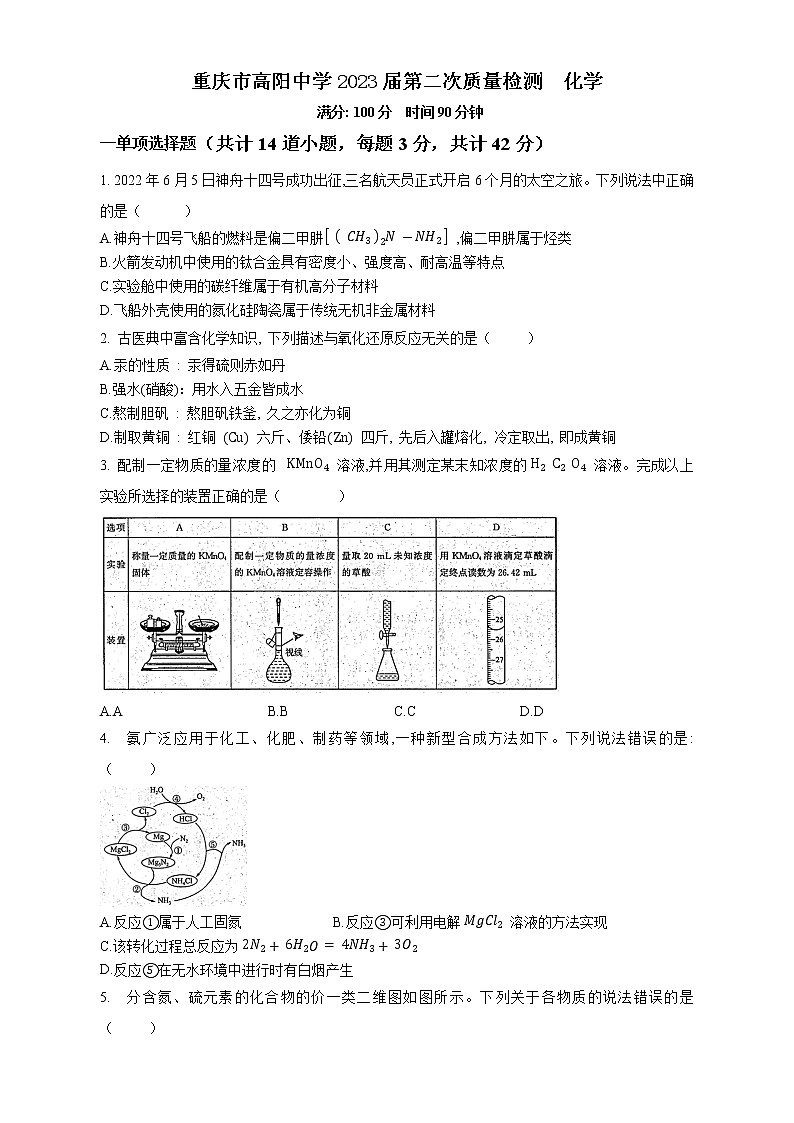 2023届重庆市云阳县高阳中学第二次质量检测 化学试题(含答案)第1页