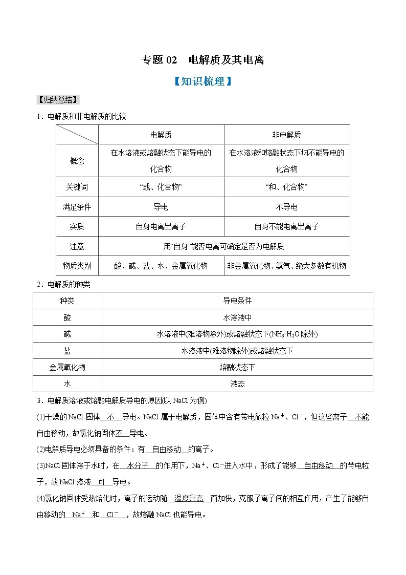 专题02 电解质及其电离（知识串讲+专题过关）-2022-2023学年高一化学上学期期中期末考点大串讲（人教版2019必修第一册）01