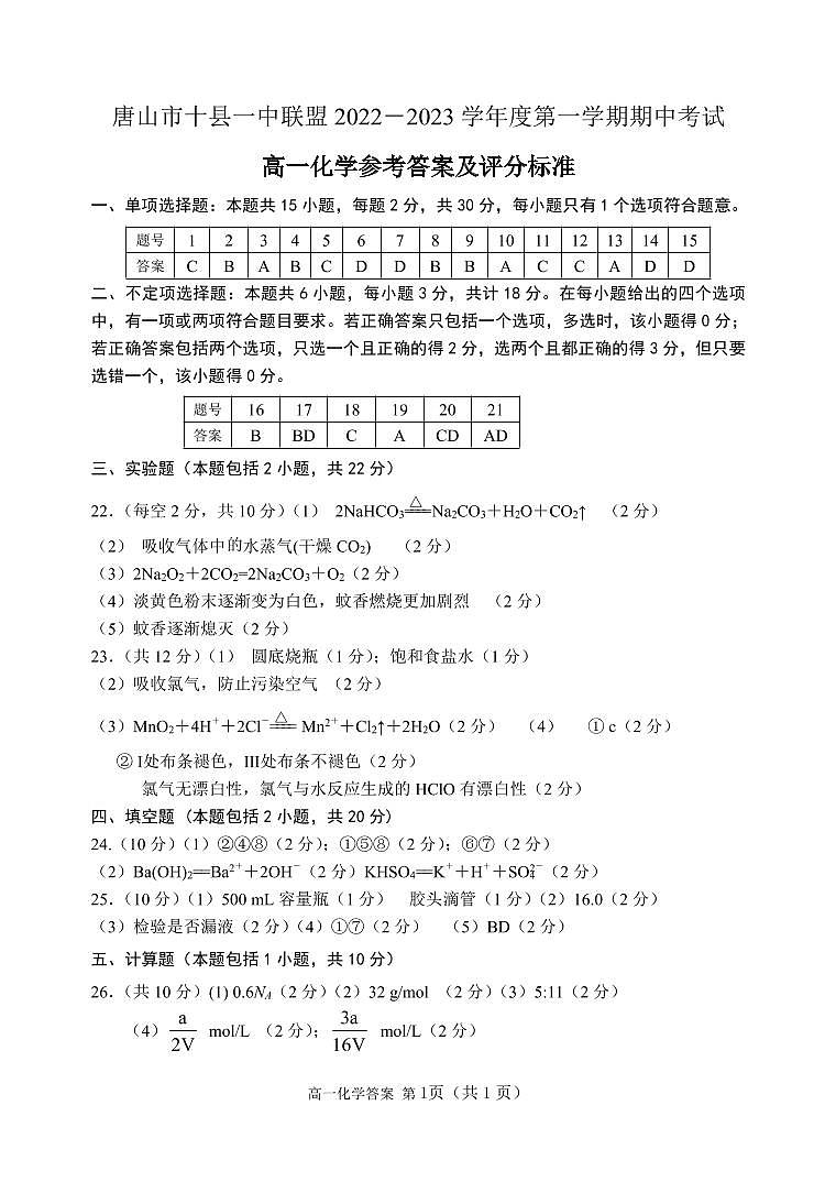 2023唐山十县一中联盟高一上学期期中考试化学试题PDF版含答案01