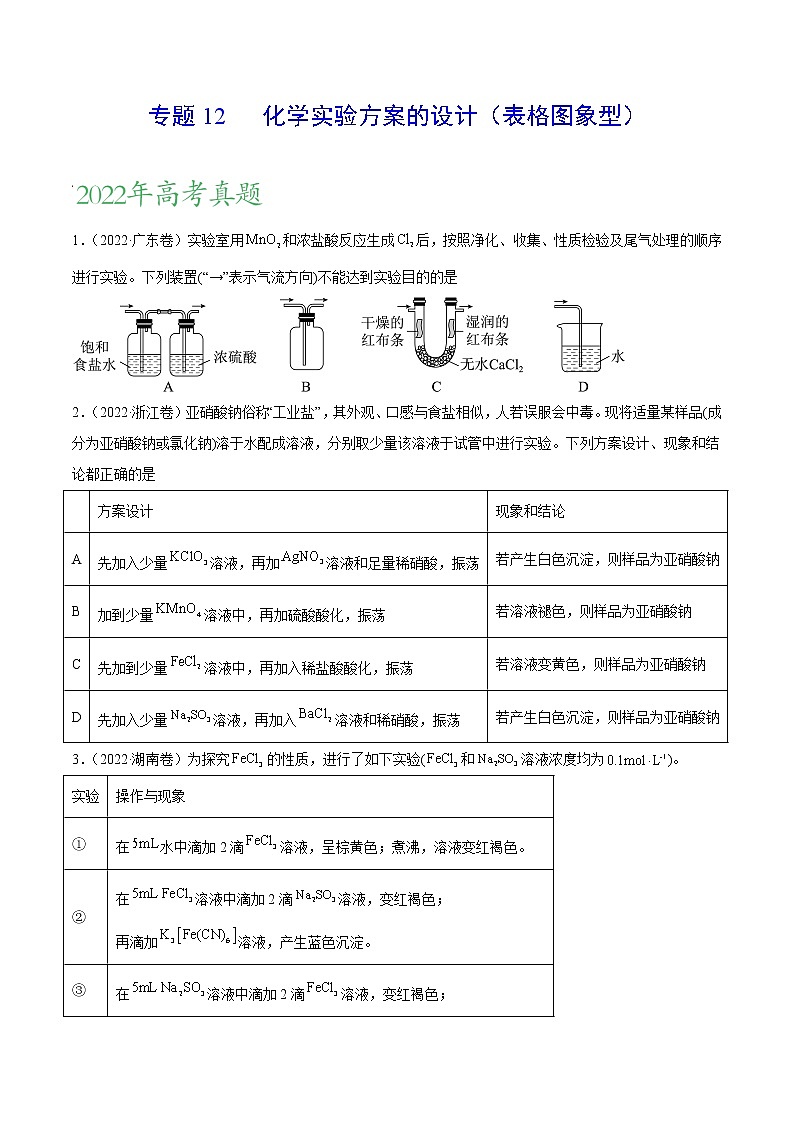 专题12 化学实验方案的设计(表格图象型)——三年(2020-2022)高考真题化学分项汇编(新高考专用)(原卷版)第1页