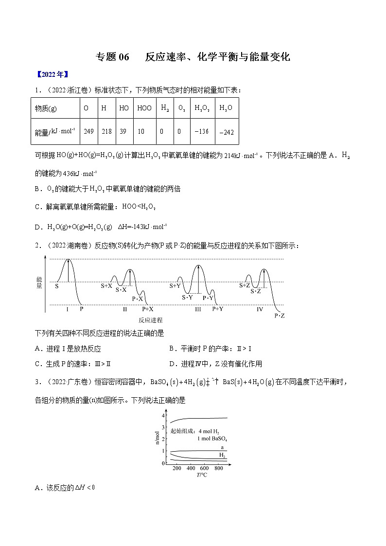 【2018-2022高考真题】高考化学五年真题汇编——专题06《反应速率、化学平衡与能量变化》(原卷版)(全国卷地区通用)第1页