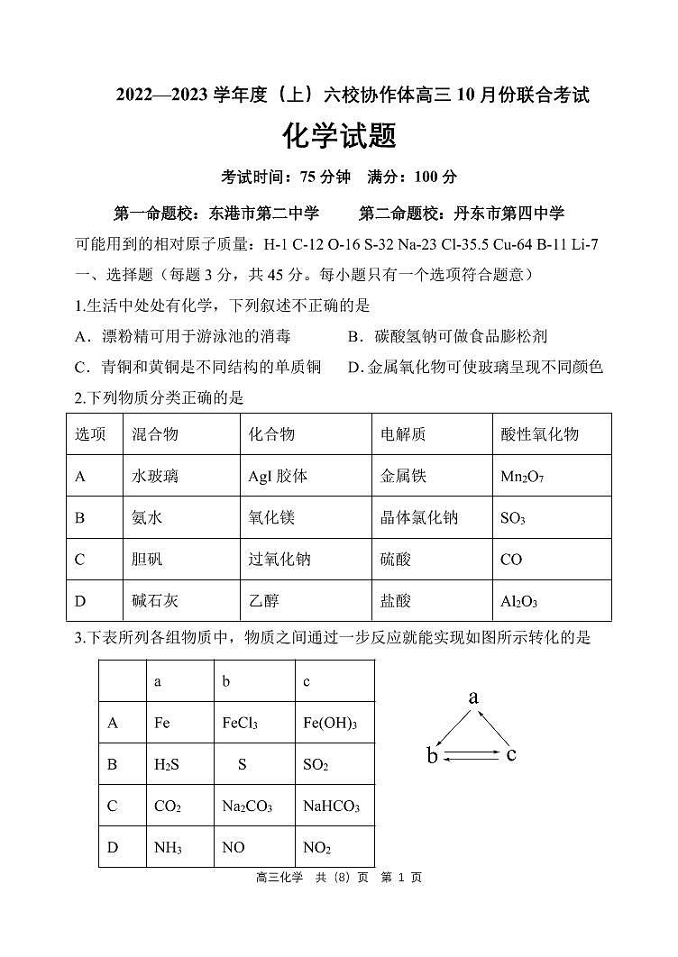 辽宁省六校协作体2022-2023学年高三化学上学期10月联考试题(PDF版附答案)第1页