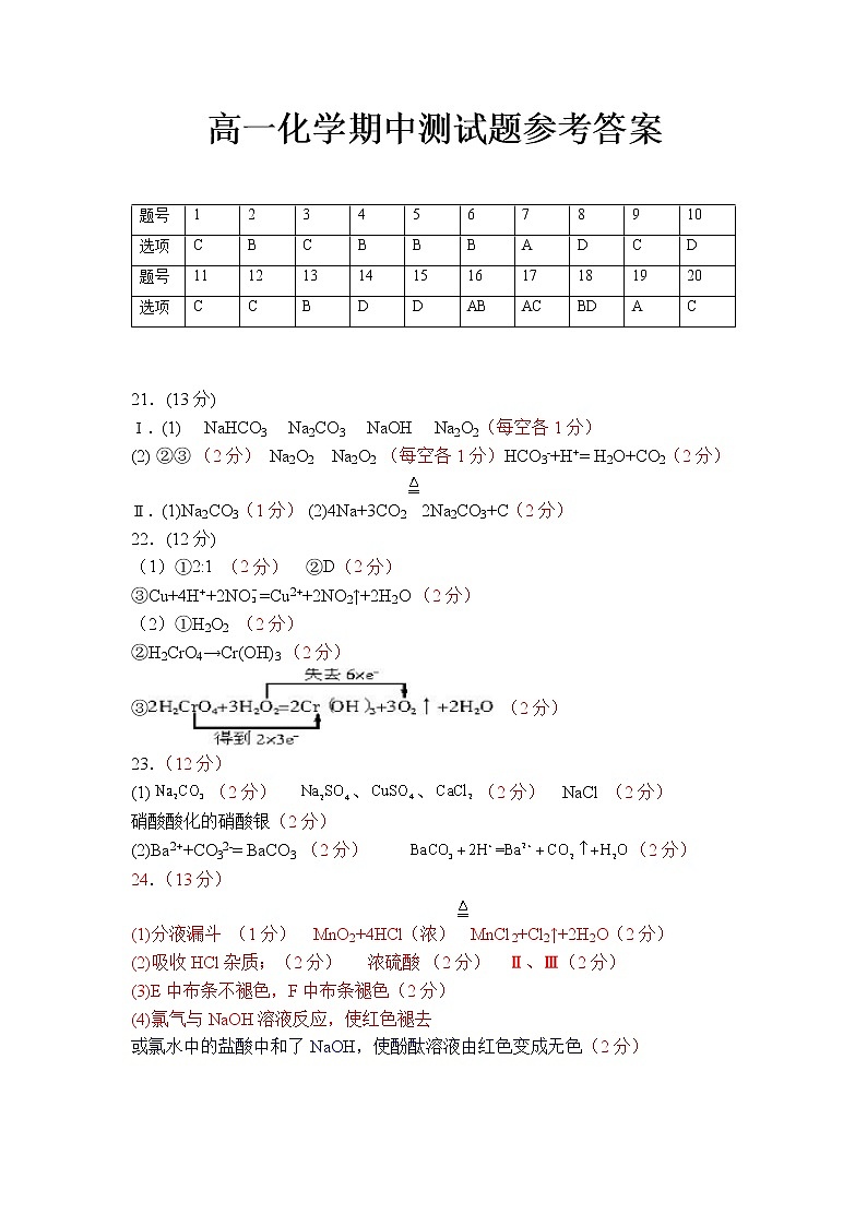 山东省淄博市沂源县2022-2023学年高一上学期期中考试化学试题(Word版含答案)01