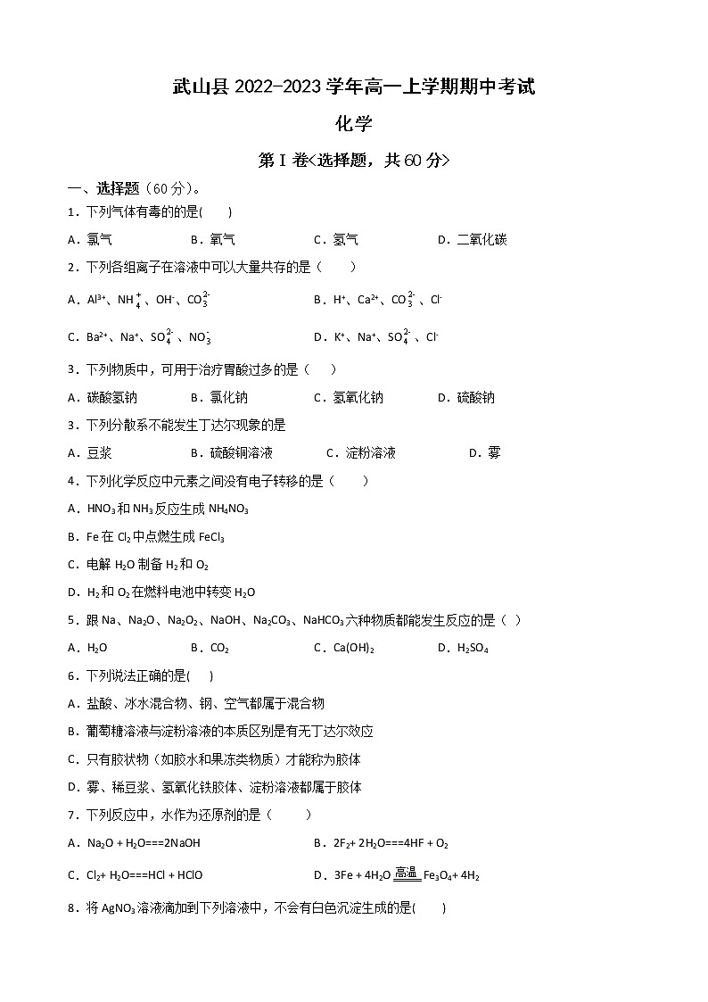 甘肃省天水市武山县2022-2023学年高一上学期期中考试化学试题(Word版含答案)01