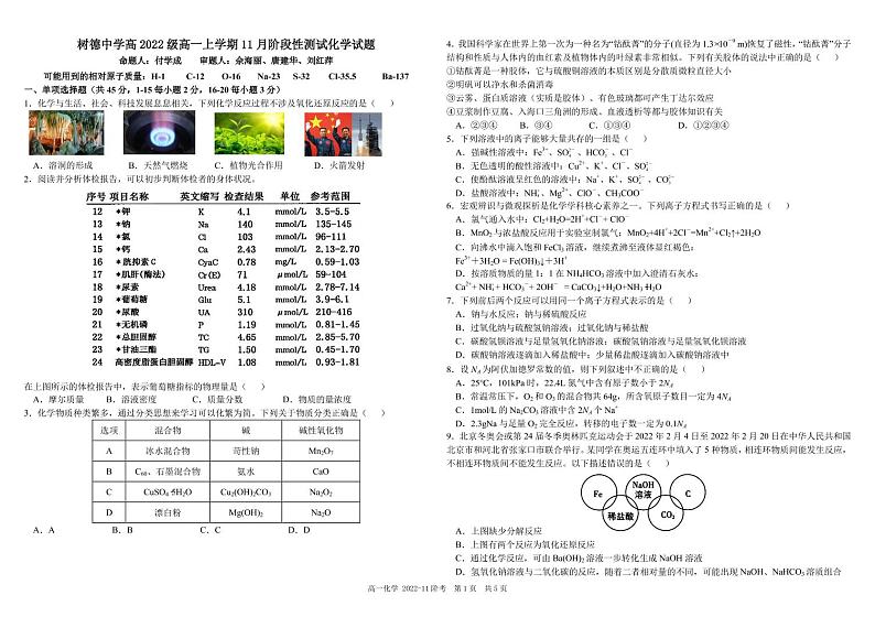 2023四川省树德中学高一上学期11月阶段性测试化学pdf版含答案(可编辑)第1页