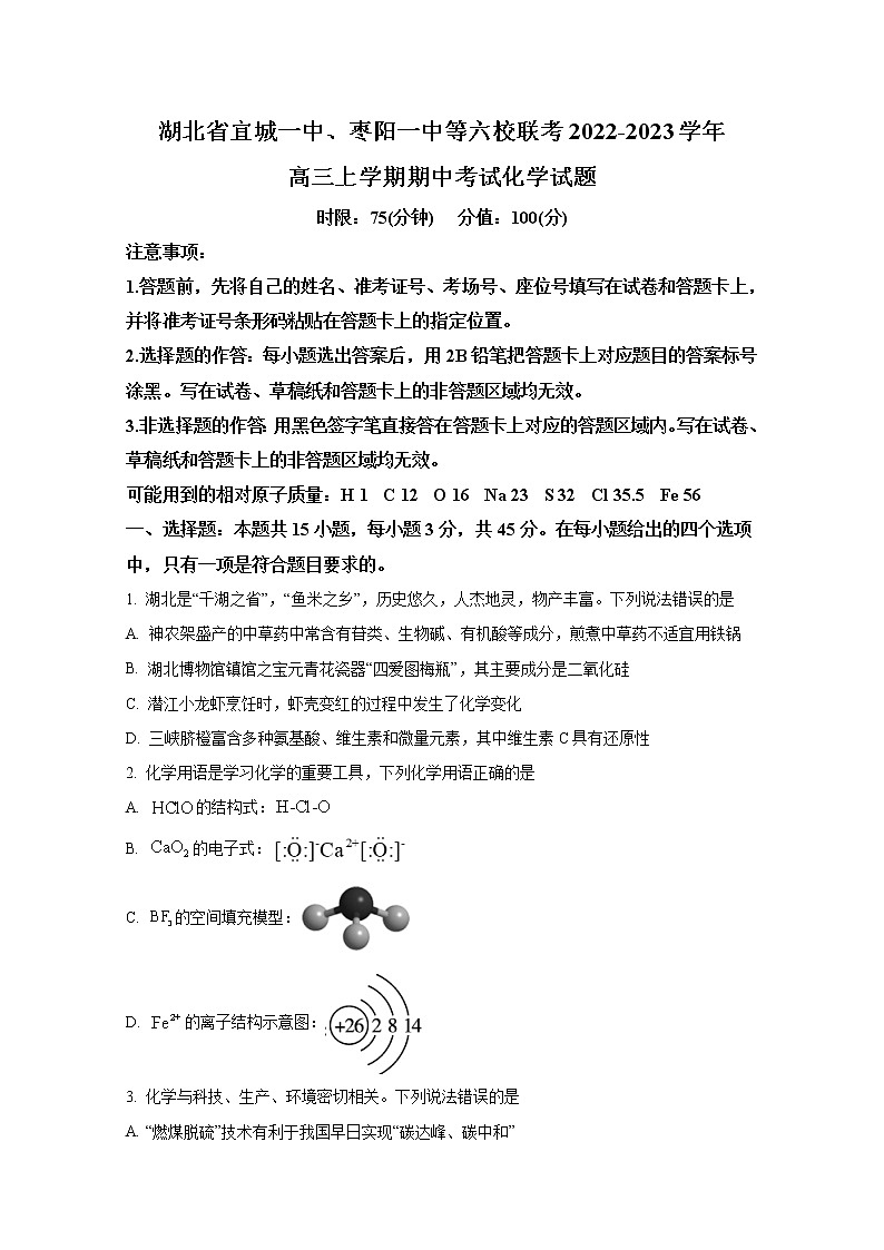 湖北省宜城一中、枣阳一中等六校联考2022-2023学年高三化学上学期期中考试试题(Word版附答案)01