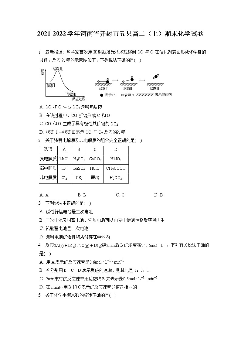 2021-2022学年河南省开封市五县高二(上)期末化学试卷(含答案解析)第1页