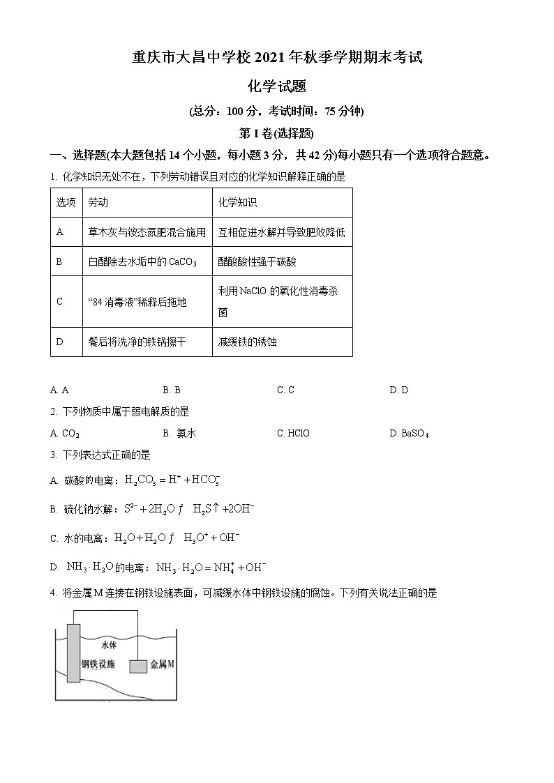 重庆市巫山大昌中学校2021-2022学年高二上学期期末化学试题无答案第1页