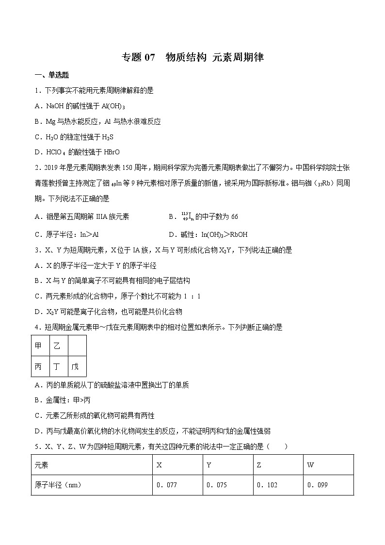 2022年高考化学一轮复习高频考点集训专题07 物质结构 元素周期律(原卷版)第1页