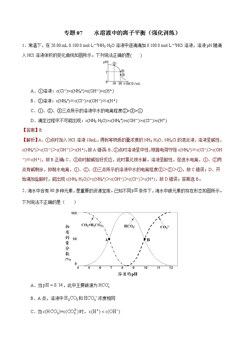高考化學(xué)二輪復(fù)習(xí)突破題專題07水溶液中的離子平衡（強(qiáng)化訓(xùn)練）（解析版）第1頁
