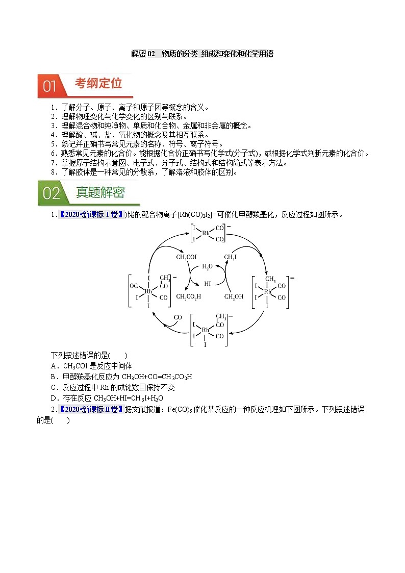 高考化学二轮复习真题解密02物质的分类、组成和变化和化学用语(原卷版)第1页