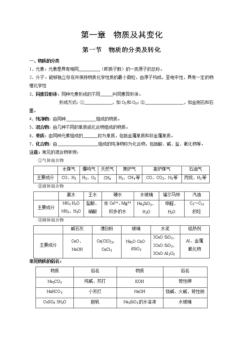 第一章 物质及其变化【知识手册】高中化学全册必背章节知识清单(人教版2019必修第一册)01
