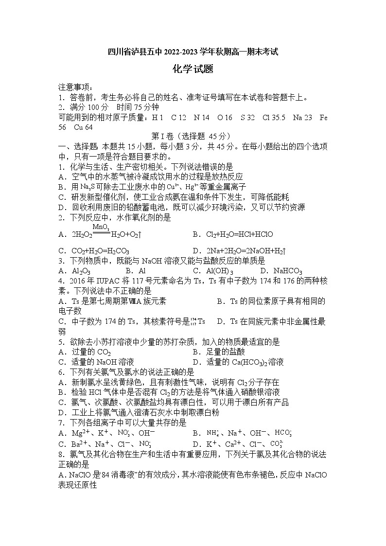 四川省泸州市泸县第五中学2022-2023学年高一上学期期末考试化学试题01