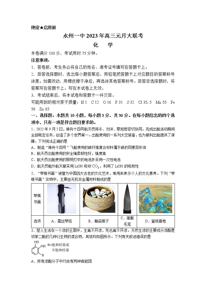 湖南省永州市第一中学2022-2023学年高三化学上学期元月考试试卷(Word版附答案)第1页