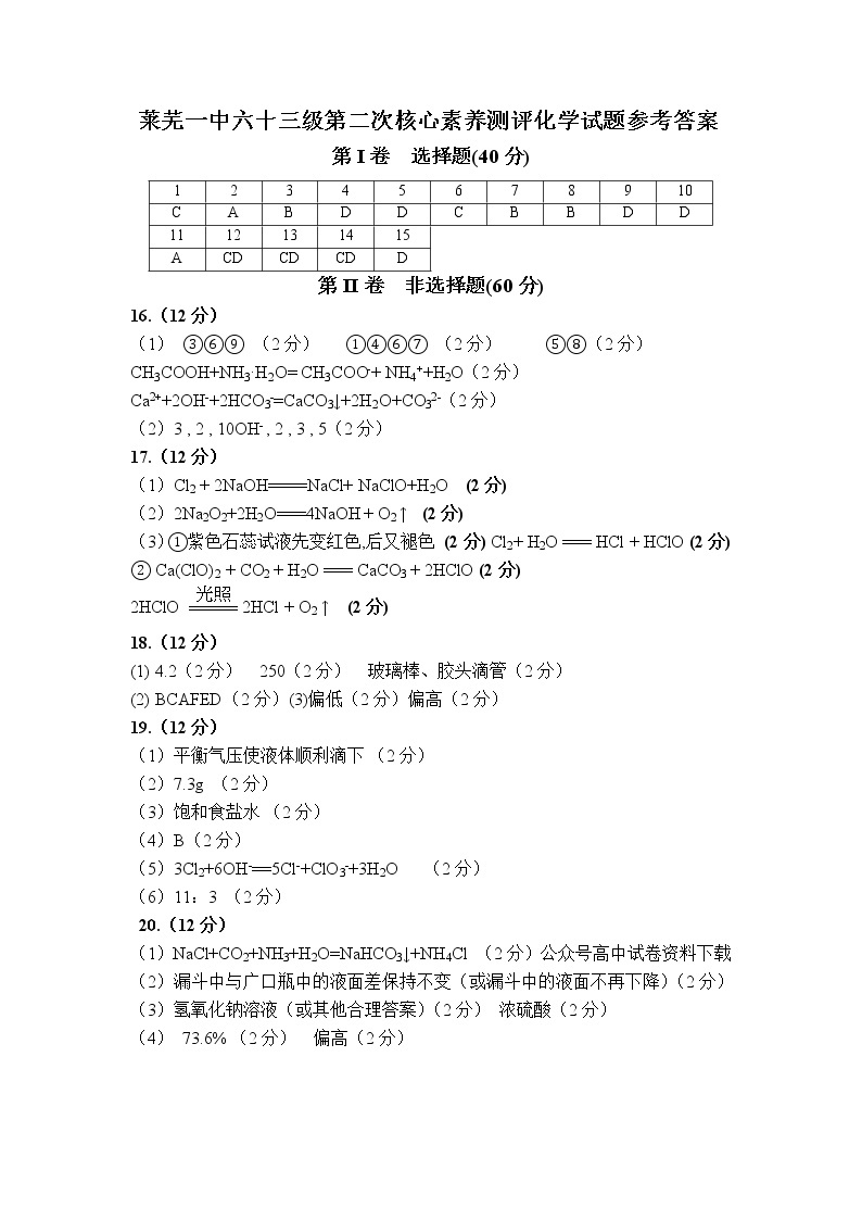 2023济南莱芜一中高一上学期第二次核心素养测评化学含答案01