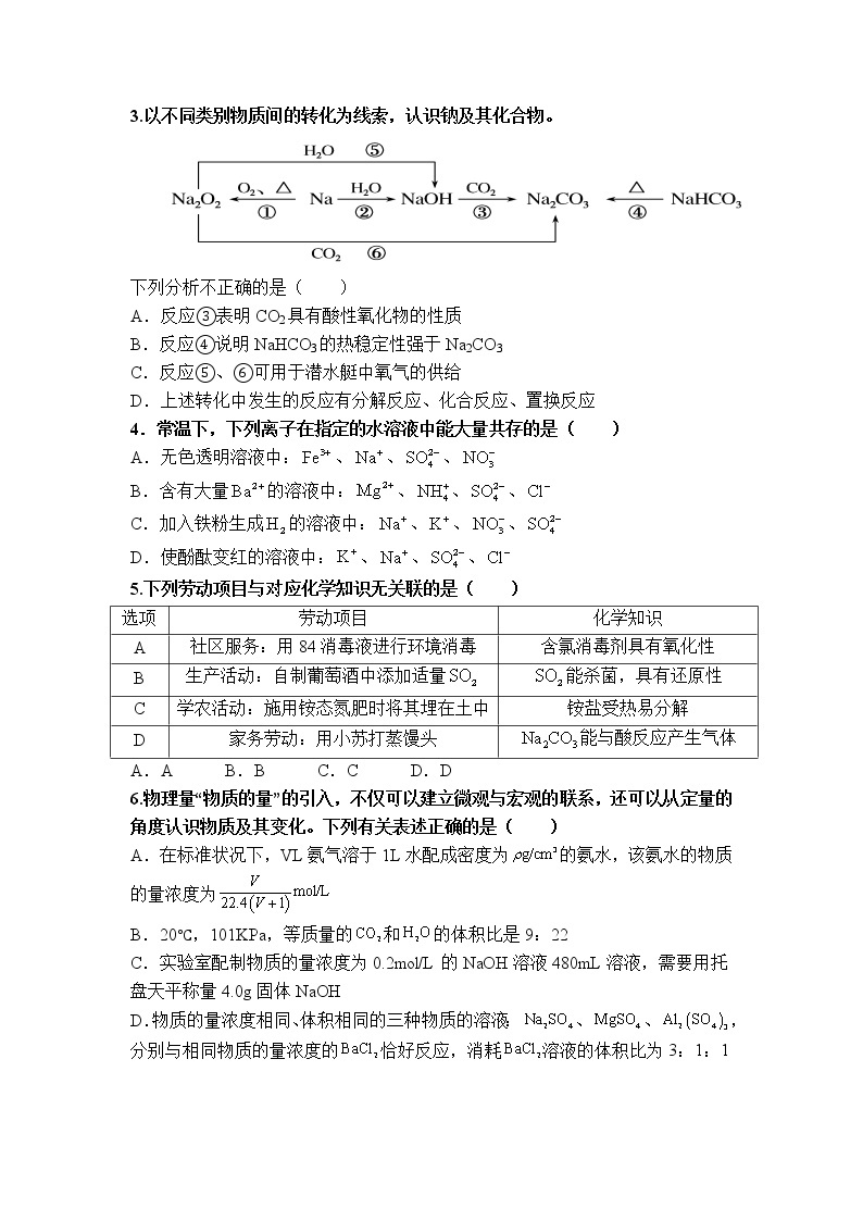 2023济南莱芜一中高一上学期第二次核心素养测评化学含答案02