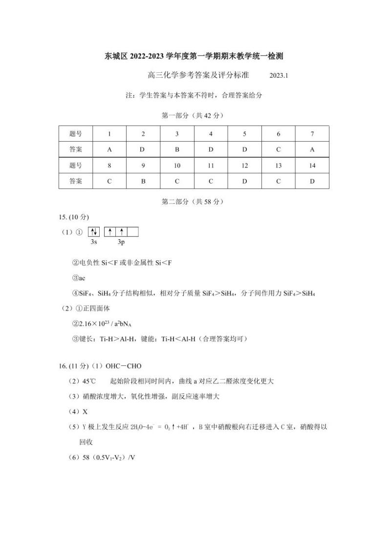 北京市东城区2022-2023学年高三上学期期末考试化学答案01