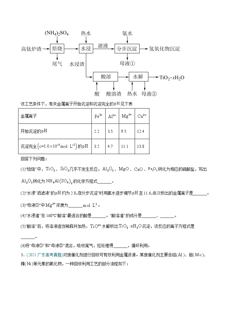 高中化学专题15 工艺流程题-2021年高考化学真题与模拟题分类训练（学生版）02