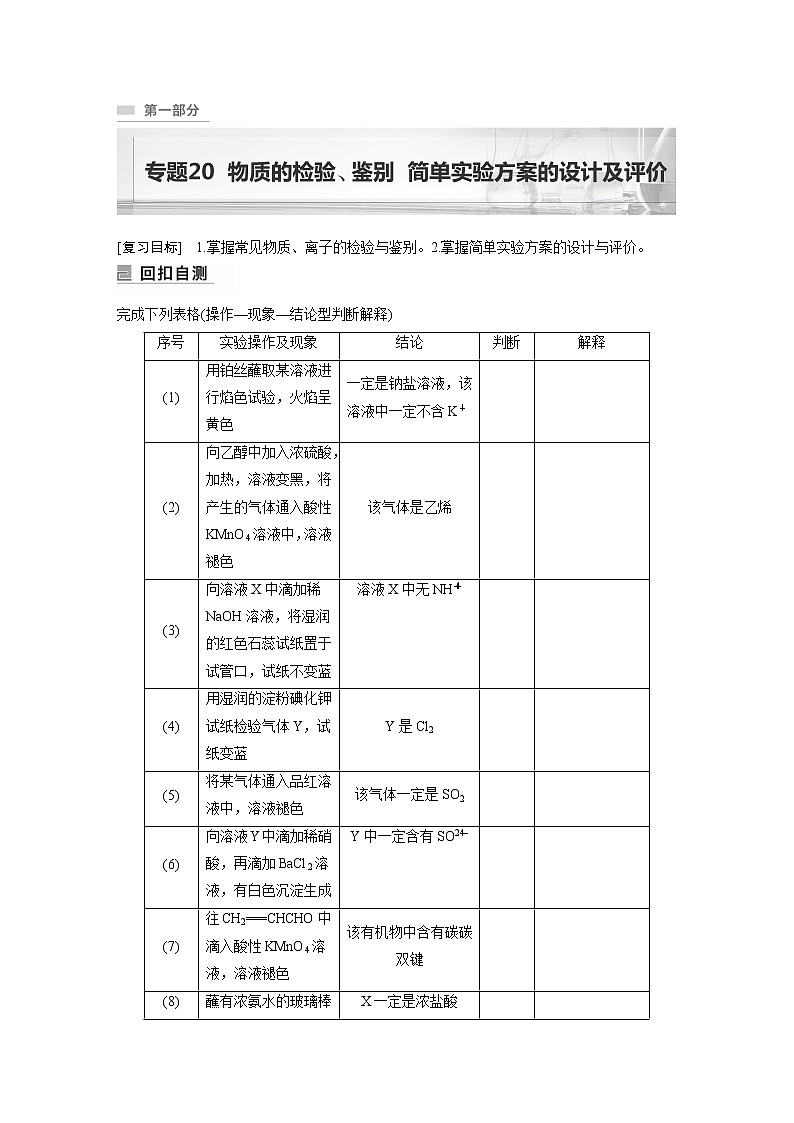 2023版高考化学步步高大二轮复习讲义第一部分 专题20 物质的检验、鉴别 简单实验方案的设计及评价【解析版】第1页