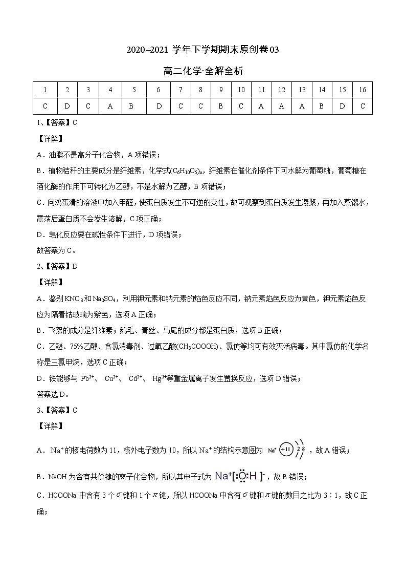 学易金卷:2020-2021学年高二化学下学期期末测试卷(人教版2019选择性必修3)04(全解全析)第1页
