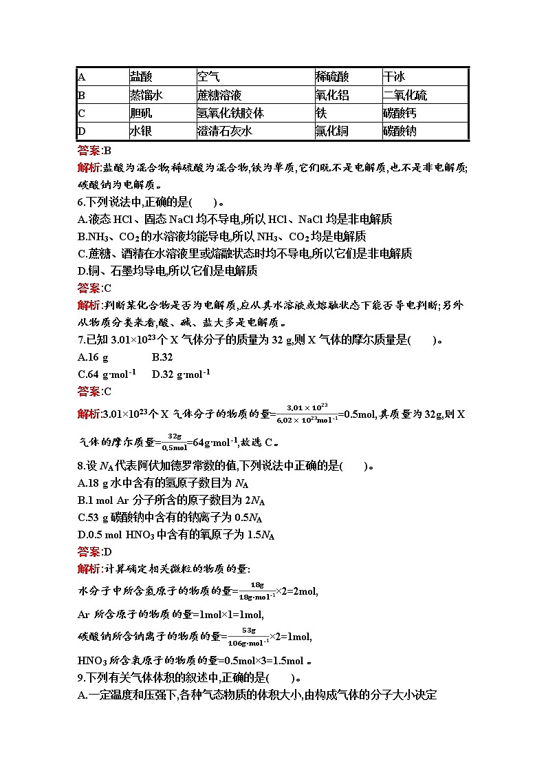 2021-2022学年化学苏教版必修第一册习题:专题1 物质的分类及计量 测评(A)第2页