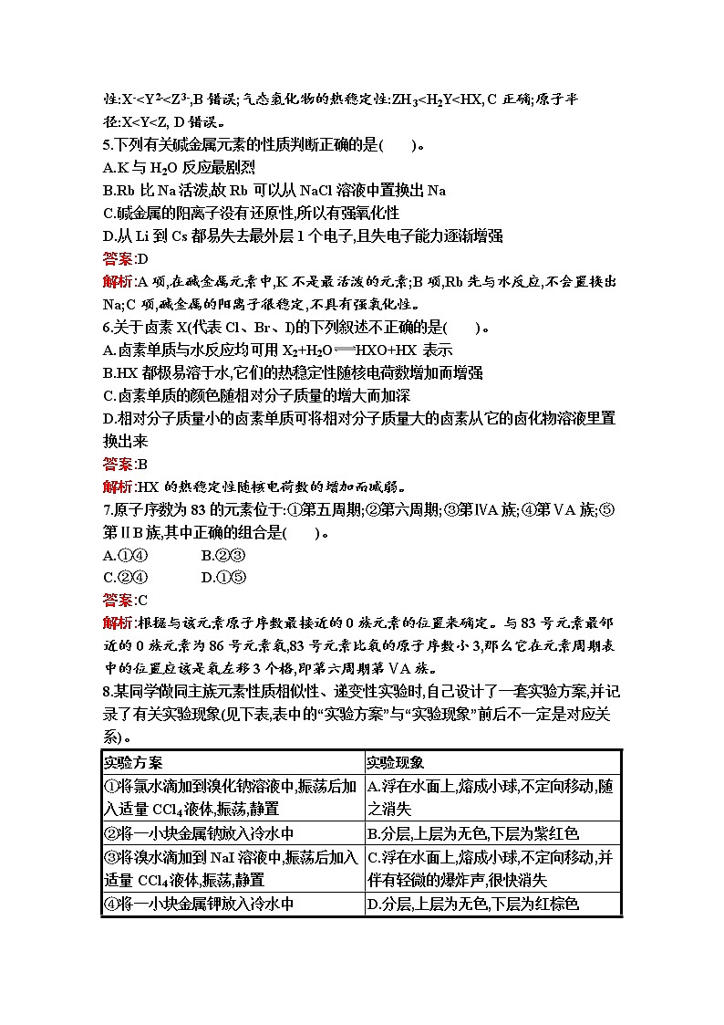 2021-2022学年化学苏教版必修第一册习题:专题5 第一单元 第2课时 元素周期表及其应用02