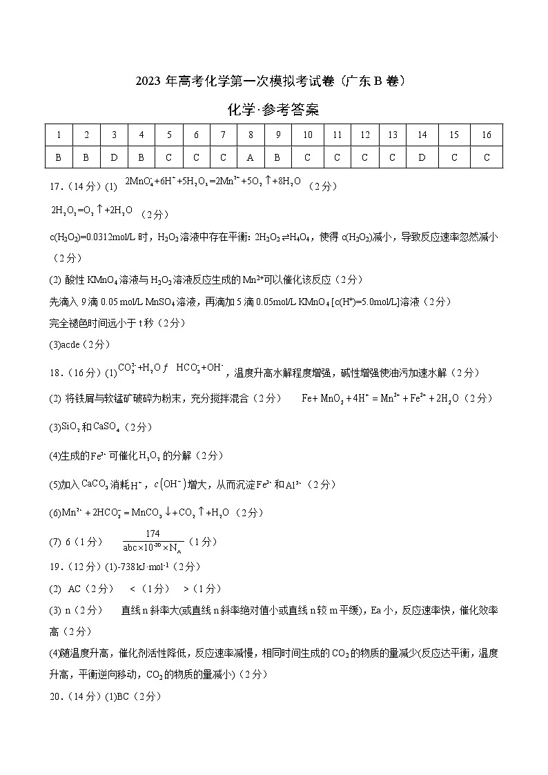 2023年高考第一次模拟考试卷:化学(广东B卷)(参考答案)第1页