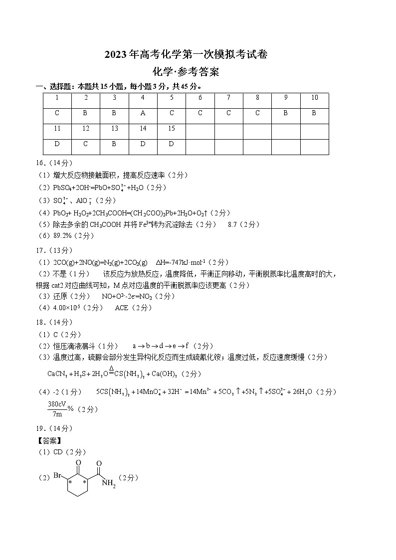 2023年高考第一次模拟考试卷:化学(辽宁B卷)(参考答案)第1页