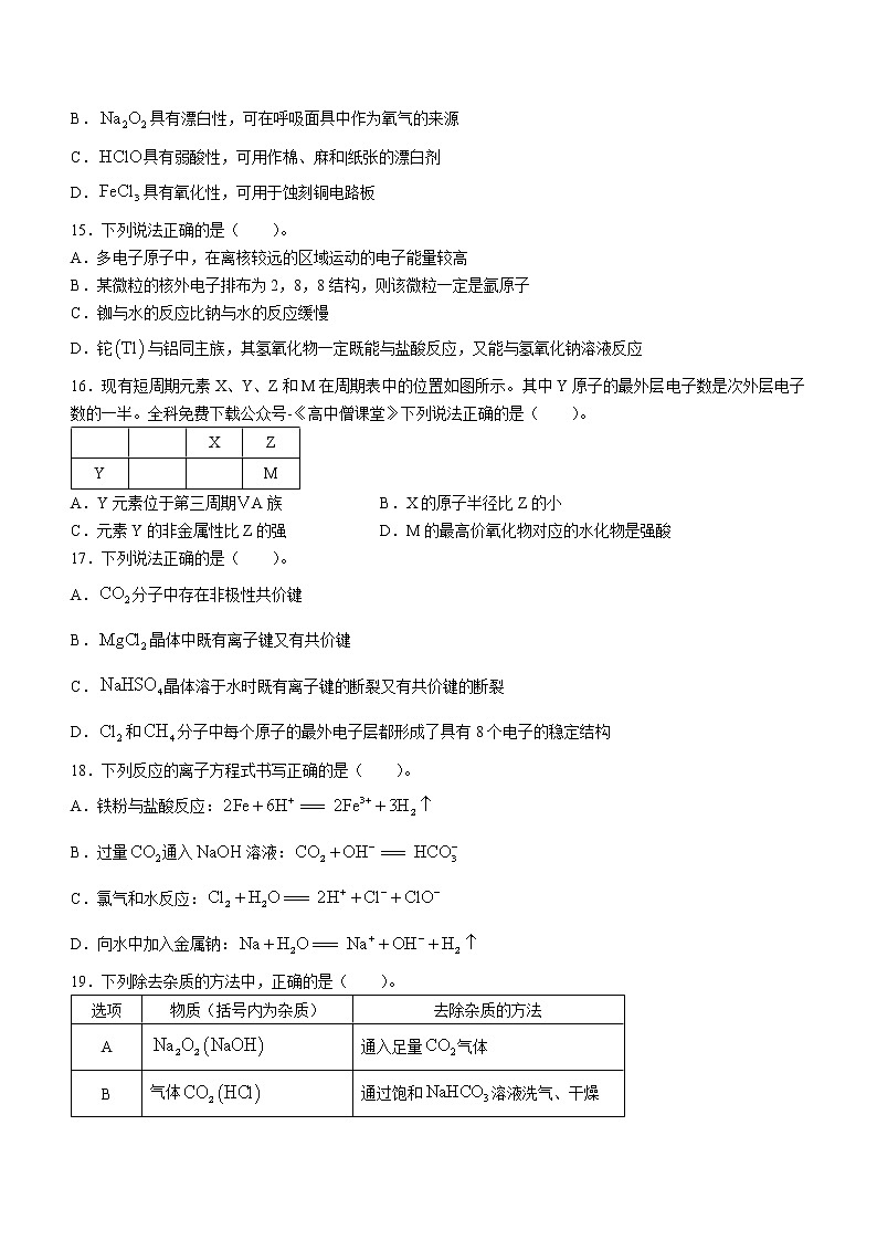 2023杭州高一上学期期末学业水平测试化学无答案第3页