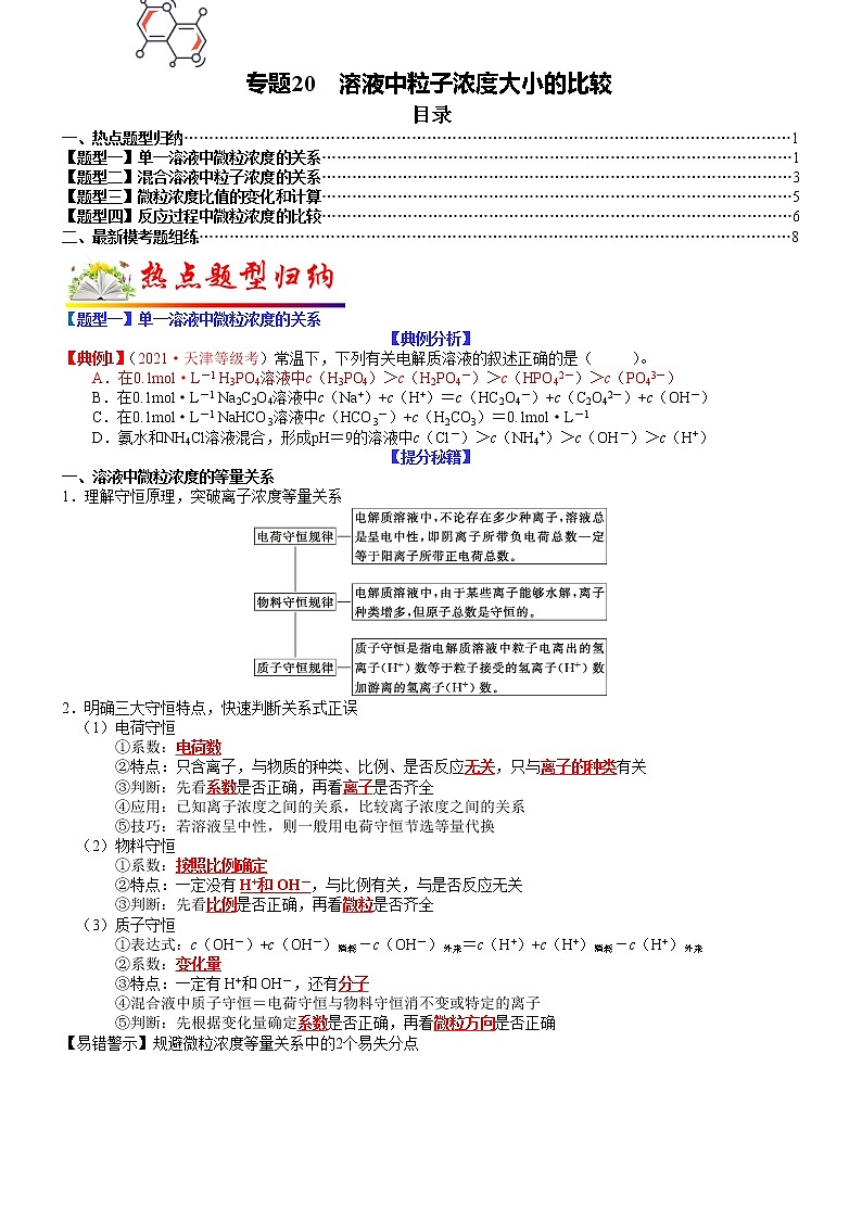 【新高考】2023年高考化学二轮题型精讲精练——专题20 溶液中粒子浓度大小的比较01