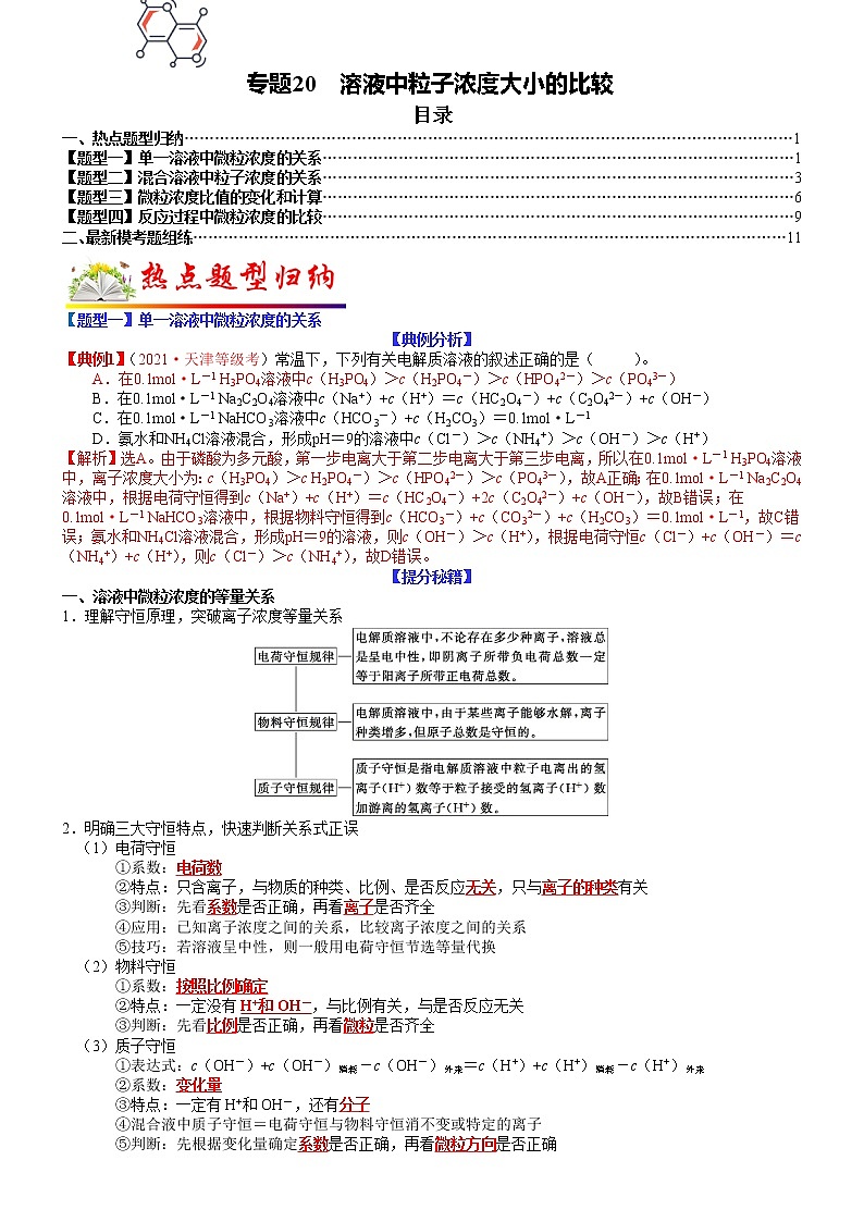 【新高考】2023年高考化学二轮题型精讲精练——专题20 溶液中粒子浓度大小的比较01