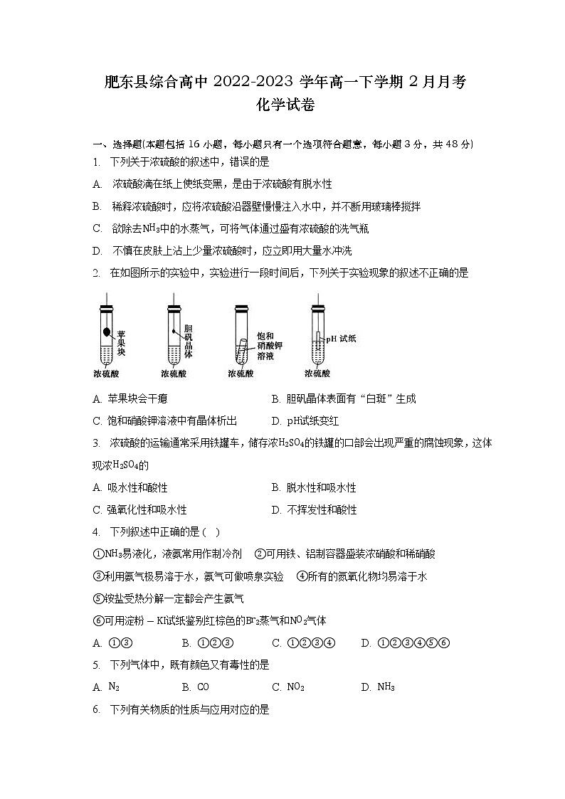 安徽省合肥市肥东县综合高中2022-2023学年高一下学期2月月考化学试题(含解析)01